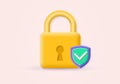 Lock with shield and check mark 3d icon. Safe access sign with padlock. Safety, privacy, web security, protect symbol. Royalty Free Stock Photo